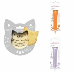 Remise 🧨 ScrapCooking Emporte Pièce Modelage Kit Pour Biscuit En Relief Chat + 2 Stylos Au Chocolat Orange Et Lilas ❤️