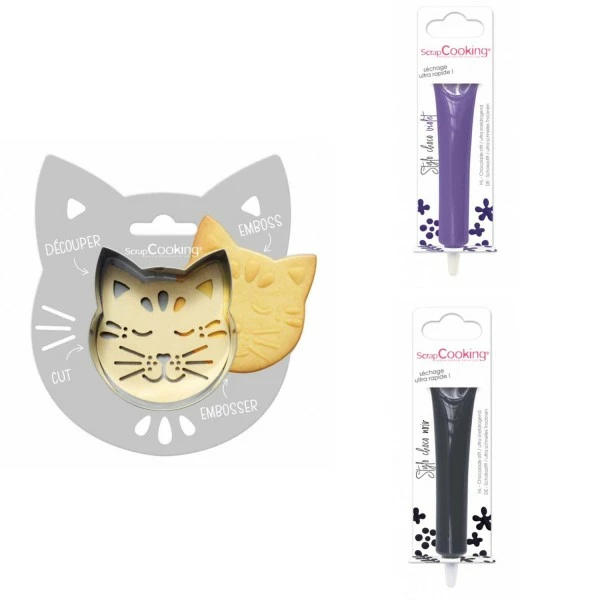 Tout neuf 👍 ScrapCooking Emporte Pièce Modelage Kit Pour Biscuit En Relief Chat + 2 Stylos Au Chocolat Violet Et Noir ✔️ 1 Tout neuf 👍 ScrapCooking Emporte Pièce Modelage Kit Pour Biscuit En Relief Chat + 2 Stylos Au Chocolat Violet Et Noir ✔️