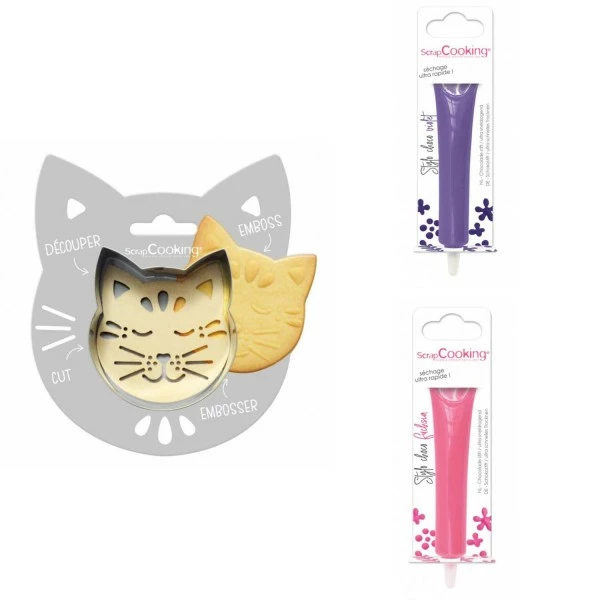 Budget 😉 ScrapCooking Emporte Pièce Modelage Kit Pour Biscuit En Relief Chat + 2 Stylos Au Chocolat Violet Et Fuchsia ✔️ 1 Budget 😉 ScrapCooking Emporte Pièce Modelage Kit Pour Biscuit En Relief Chat + 2 Stylos Au Chocolat Violet Et Fuchsia ✔️