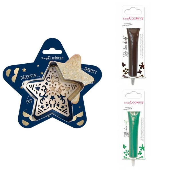Tout neuf 🌟 ScrapCooking Emporte Pièce Modelage Kit Pour Biscuit En Relief Étoile + 2 Stylos Au Chocolat Marron Et Vert ✨ 1 Tout neuf 🌟 ScrapCooking Emporte Pièce Modelage Kit Pour Biscuit En Relief Étoile + 2 Stylos Au Chocolat Marron Et Vert ✨