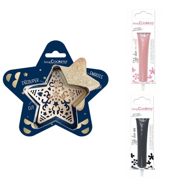 Tout neuf 🥰 ScrapCooking Emporte Pièce Modelage Kit Pour Biscuit En Relief Étoile + 2 Stylos Au Chocolat Rose Pastel Et Noir ✔️ 1 Tout neuf 🥰 ScrapCooking Emporte Pièce Modelage Kit Pour Biscuit En Relief Étoile + 2 Stylos Au Chocolat Rose Pastel Et Noir ✔️