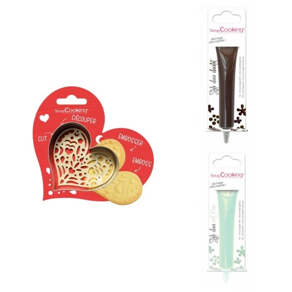 Le moins cher 🛒 ScrapCooking Emporte Pièce Modelage Kit Pour Biscuit En Relief Coeur + 2 Stylos Au Chocolat Marron Et Vert D'eau ✔️ 1 Le moins cher 🛒 ScrapCooking Emporte Pièce Modelage Kit Pour Biscuit En Relief Coeur + 2 Stylos Au Chocolat Marron Et Vert D'eau ✔️