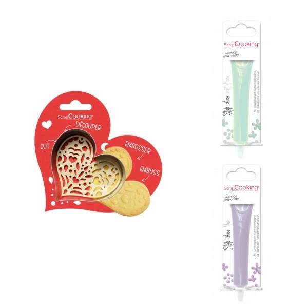 Promo 👏 ScrapCooking Emporte Pièce Modelage Kit Pour Biscuit En Relief Coeur + 2 Stylos Au Chocolat Vert D'eau Et Lilas 🎁 1 Promo 👏 ScrapCooking Emporte Pièce Modelage Kit Pour Biscuit En Relief Coeur + 2 Stylos Au Chocolat Vert D'eau Et Lilas 🎁