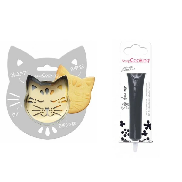Nouveau 🤩 ScrapCooking Emporte Pièce Modelage Kit Pour Biscuit En Relief Chat + Stylo Au Chocolat Noir ✔️ 1 Nouveau 🤩 ScrapCooking Emporte Pièce Modelage Kit Pour Biscuit En Relief Chat + Stylo Au Chocolat Noir ✔️