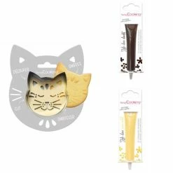 Remise ⌛ ScrapCooking Emporte Pièce Modelage Kit Pour Biscuit En Relief Chat + 2 Stylos Au Chocolat Marron Et Jaune Pastel 💯