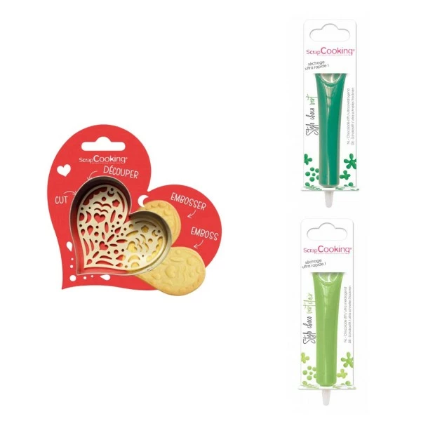Coupon 🥰 ScrapCooking Emporte Pièce Modelage Kit Pour Biscuit En Relief Coeur + 2 Stylos Au Chocolat Vert Et Vert Clair ✨ 1 Coupon 🥰 ScrapCooking Emporte Pièce Modelage Kit Pour Biscuit En Relief Coeur + 2 Stylos Au Chocolat Vert Et Vert Clair ✨