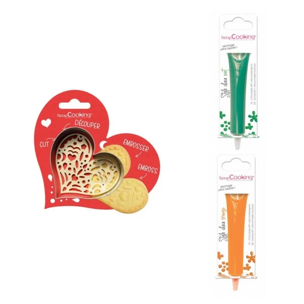 Le moins cher 🎁 ScrapCooking Emporte Pièce Modelage Kit Pour Biscuit En Relief Coeur + 2 Stylos Au Chocolat Vert Et Orange 🌟 1 Le moins cher 🎁 ScrapCooking Emporte Pièce Modelage Kit Pour Biscuit En Relief Coeur + 2 Stylos Au Chocolat Vert Et Orange 🌟