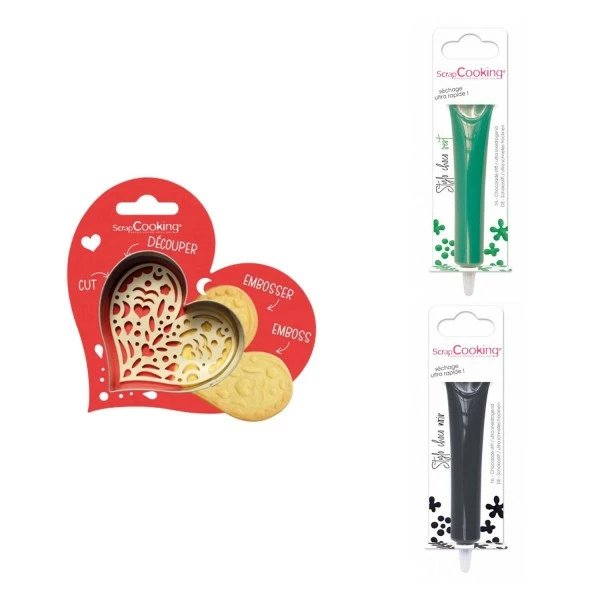 Promo 😀 ScrapCooking Emporte Pièce Modelage Kit Pour Biscuit En Relief Coeur + 2 Stylos Au Chocolat Vert Et Noir 🥰 1 Promo 😀 ScrapCooking Emporte Pièce Modelage Kit Pour Biscuit En Relief Coeur + 2 Stylos Au Chocolat Vert Et Noir 🥰