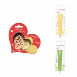 Nouveau 🔔 ScrapCooking Emporte Pièce Modelage Kit Pour Biscuit En Relief Coeur + 2 Stylos Au Chocolat Jaune Pastel Et Vert Clair 👍