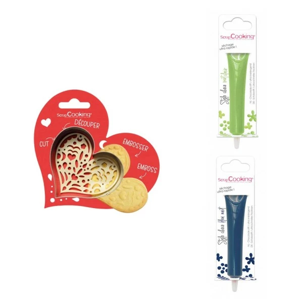 Grosses soldes 💯 ScrapCooking Emporte Pièce Modelage Kit Pour Biscuit En Relief Coeur + 2 Stylos Au Chocolat Vert Clair Et Bleu Nuit 🌟 1 Grosses soldes 💯 ScrapCooking Emporte Pièce Modelage Kit Pour Biscuit En Relief Coeur + 2 Stylos Au Chocolat Vert Clair Et Bleu Nuit 🌟