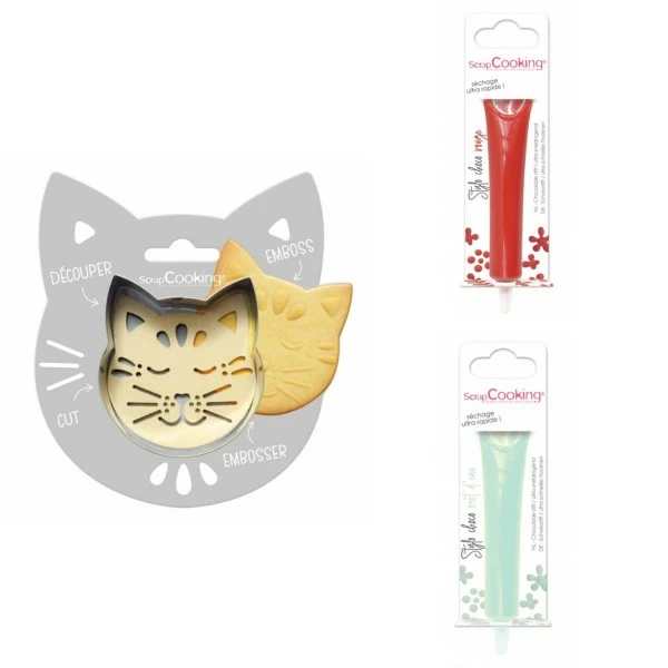 Sortie 💯 ScrapCooking Emporte Pièce Modelage Kit Pour Biscuit En Relief Chat + 2 Stylos Au Chocolat Rouge Et Vert D'eau 💯 1 Sortie 💯 ScrapCooking Emporte Pièce Modelage Kit Pour Biscuit En Relief Chat + 2 Stylos Au Chocolat Rouge Et Vert D'eau 💯