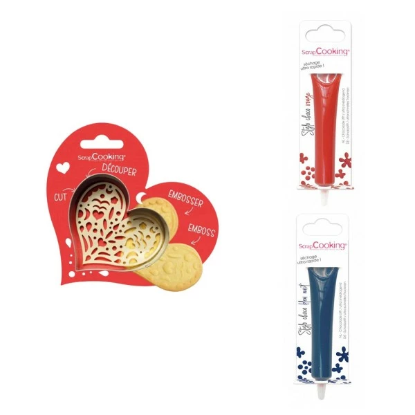 Nouveau ❤️ ScrapCooking Emporte Pièce Modelage Kit Pour Biscuit En Relief Coeur + 2 Stylos Au Chocolat Rouge Et Bleu Nuit ✔️ 1 Nouveau ❤️ ScrapCooking Emporte Pièce Modelage Kit Pour Biscuit En Relief Coeur + 2 Stylos Au Chocolat Rouge Et Bleu Nuit ✔️