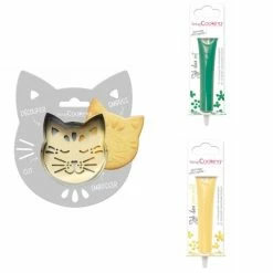 Vente flash ✨ ScrapCooking Emporte Pièce Modelage Kit Pour Biscuit En Relief Chat + 2 Stylos Au Chocolat Vert Et Jaune Pastel 😀