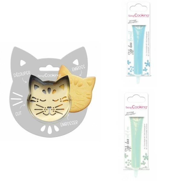 Promo 🧨 ScrapCooking Emporte Pièce Modelage Kit Pour Biscuit En Relief Chat + 2 Stylos Au Chocolat Bleu Pastel Et Vert D'eau 👏 1 Promo 🧨 ScrapCooking Emporte Pièce Modelage Kit Pour Biscuit En Relief Chat + 2 Stylos Au Chocolat Bleu Pastel Et Vert D'eau 👏