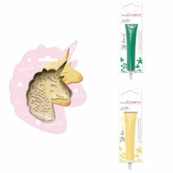 Nouveau 💯 ScrapCooking Emporte Pièce Modelage Kit Pour Biscuit En Relief Licorne + 2 Stylos Au Chocolat Vert Et Jaune Pastel 🔔