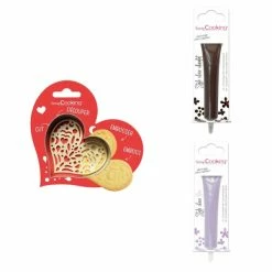 Nouveau 🔔 ScrapCooking Emporte Pièce Modelage Kit Pour Biscuit En Relief Coeur + 2 Stylos Au Chocolat Marron Et Lilas 🔔