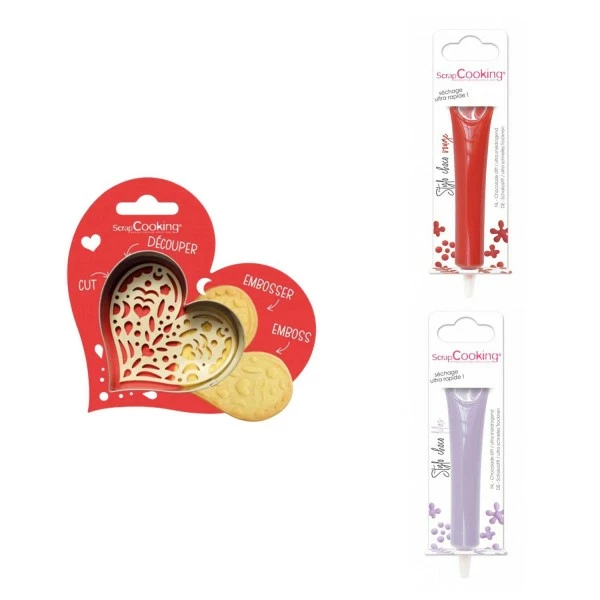 Bon marché 🎁 ScrapCooking Emporte Pièce Modelage Kit Pour Biscuit En Relief Coeur + 2 Stylos Au Chocolat Rouge Et Lilas ⌛ 1 Bon marché 🎁 ScrapCooking Emporte Pièce Modelage Kit Pour Biscuit En Relief Coeur + 2 Stylos Au Chocolat Rouge Et Lilas ⌛
