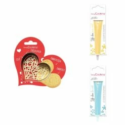 Nouveau 🛒 ScrapCooking Emporte Pièce Modelage Kit Pour Biscuit En Relief Coeur + 2 Stylos Au Chocolat Jaune Pastel Et Bleu Pastel 🌟