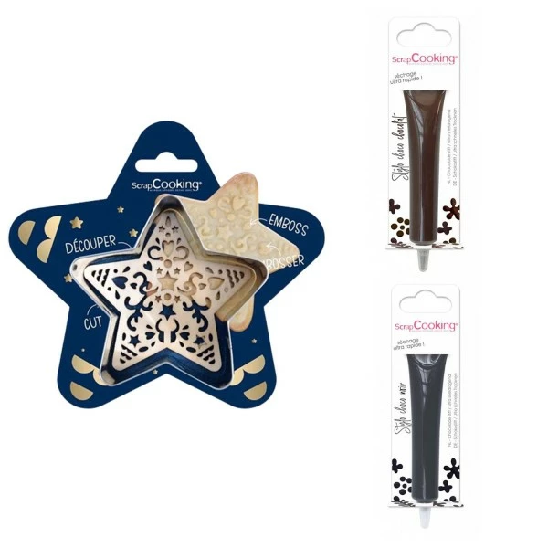 Promo 😍 ScrapCooking Emporte Pièce Modelage Kit Pour Biscuit En Relief Étoile + 2 Stylos Au Chocolat Marron Et Noir 🌟 1 Promo 😍 ScrapCooking Emporte Pièce Modelage Kit Pour Biscuit En Relief Étoile + 2 Stylos Au Chocolat Marron Et Noir 🌟