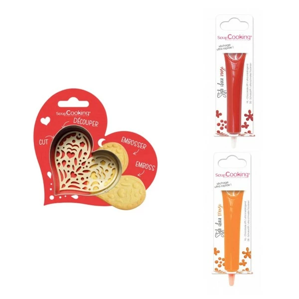 Acheter ✨ ScrapCooking Emporte Pièce Modelage Kit Pour Biscuit En Relief Coeur + 2 Stylos Au Chocolat Rouge Et Orange 🧨 1 Acheter ✨ ScrapCooking Emporte Pièce Modelage Kit Pour Biscuit En Relief Coeur + 2 Stylos Au Chocolat Rouge Et Orange 🧨