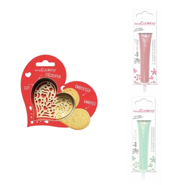Promo 👍 ScrapCooking Emporte Pièce Modelage Kit Pour Biscuit En Relief Coeur + 2 Stylos Au Chocolat Rose Pastel Et Vert D'eau 🛒 1 Promo 👍 ScrapCooking Emporte Pièce Modelage Kit Pour Biscuit En Relief Coeur + 2 Stylos Au Chocolat Rose Pastel Et Vert D'eau 🛒