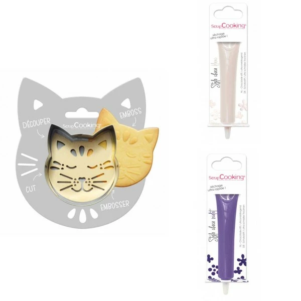 Promo 🎁 ScrapCooking Emporte Pièce Modelage Kit Pour Biscuit En Relief Chat + 2 Stylos Au Chocolat Blanc Et Violet ⌛ 1 Promo 🎁 ScrapCooking Emporte Pièce Modelage Kit Pour Biscuit En Relief Chat + 2 Stylos Au Chocolat Blanc Et Violet ⌛