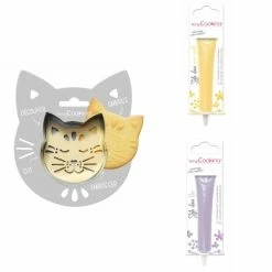 Vente flash ⭐ ScrapCooking Emporte Pièce Modelage Kit Pour Biscuit En Relief Chat + 2 Stylos Au Chocolat Jaune Pastel Et Lilas ❤️