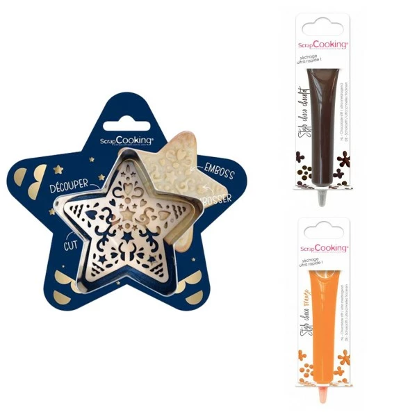Nouveau 😀 ScrapCooking Emporte Pièce Modelage Kit Pour Biscuit En Relief Étoile + 2 Stylos Au Chocolat Marron Et Orange 🎉 1 Nouveau 😀 ScrapCooking Emporte Pièce Modelage Kit Pour Biscuit En Relief Étoile + 2 Stylos Au Chocolat Marron Et Orange 🎉