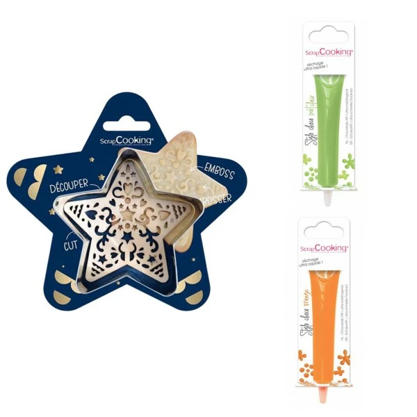 Meilleure vente 😉 ScrapCooking Emporte Pièce Modelage Kit Pour Biscuit En Relief Étoile + 2 Stylos Au Chocolat Vert Clair Et Orange 🔔 1 Meilleure vente 😉 ScrapCooking Emporte Pièce Modelage Kit Pour Biscuit En Relief Étoile + 2 Stylos Au Chocolat Vert Clair Et Orange 🔔