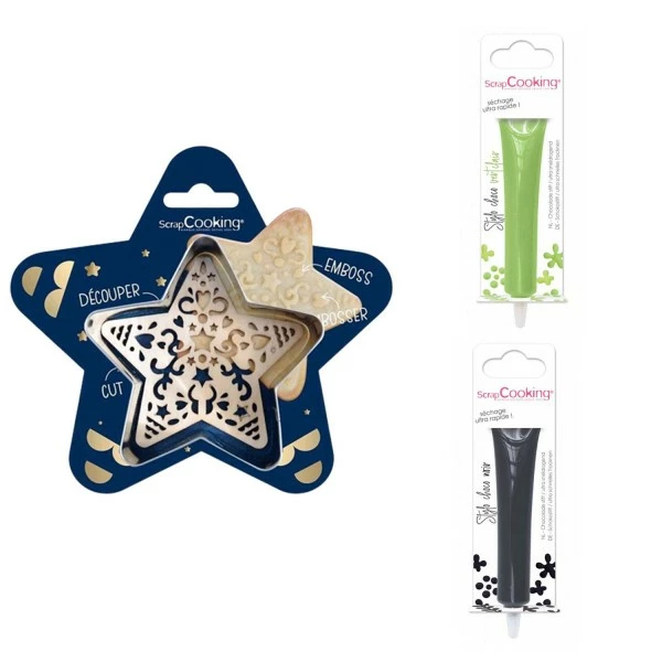 Tout neuf 🎁 ScrapCooking Emporte Pièce Modelage Kit Pour Biscuit En Relief Étoile + 2 Stylos Au Chocolat Vert Clair Et Noir 🎁 1 Tout neuf 🎁 ScrapCooking Emporte Pièce Modelage Kit Pour Biscuit En Relief Étoile + 2 Stylos Au Chocolat Vert Clair Et Noir 🎁